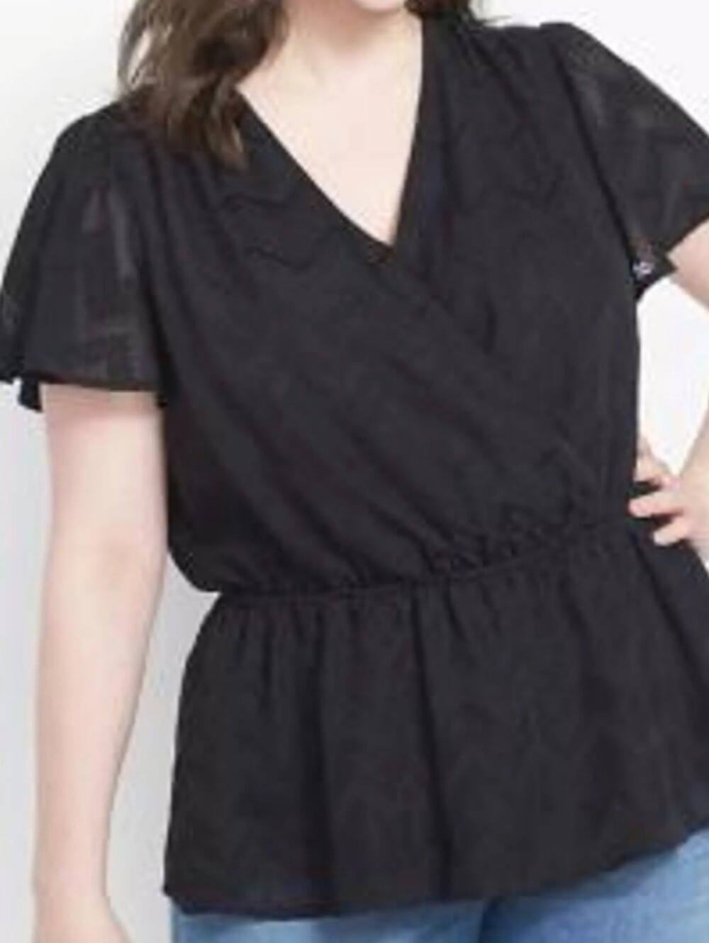 Lane Bryant Black Clip Dot Peplum Surplice Blouse Plus Size 22/24 Flutter Sleeve